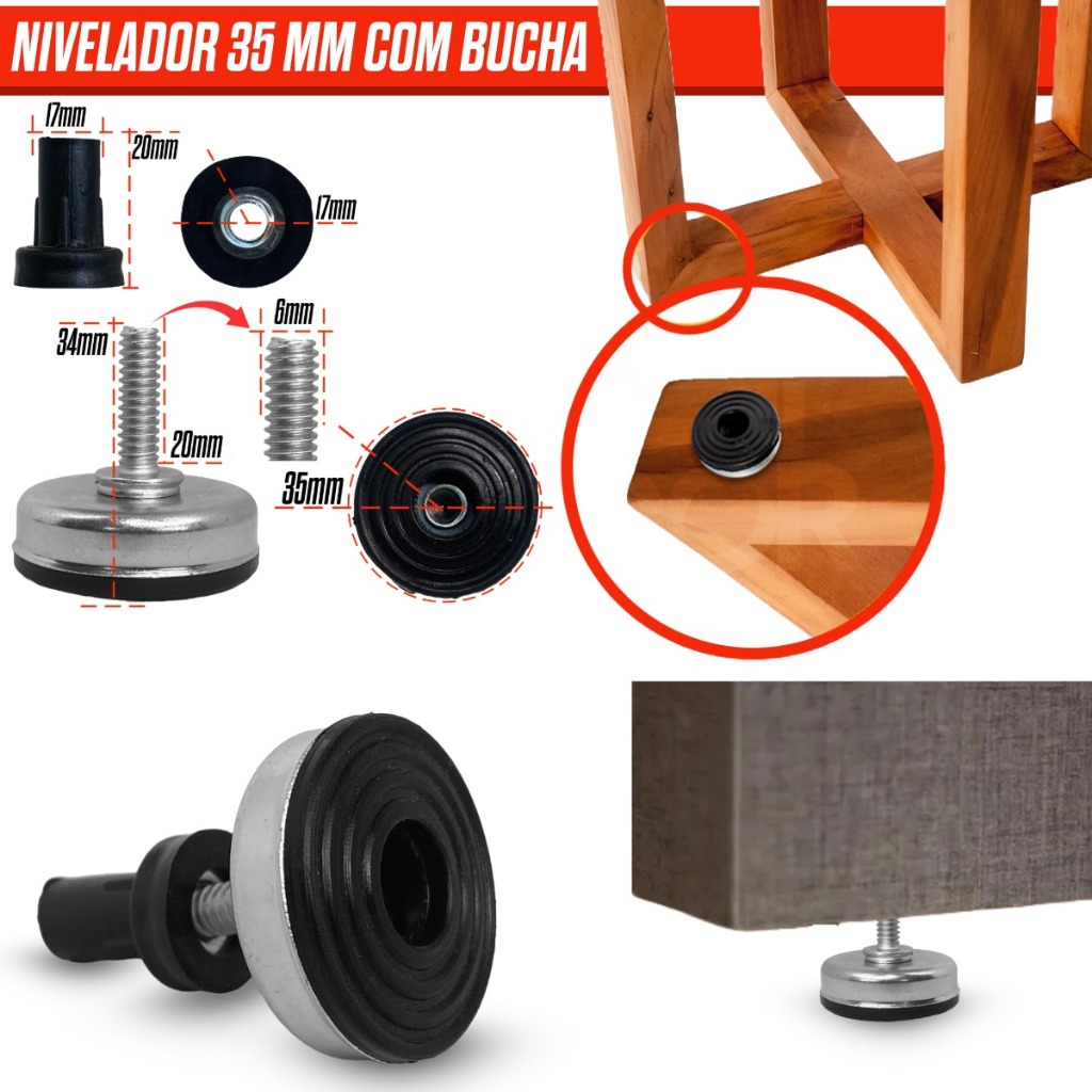 KIT 4/6/8/10/20 Nivelador de Móveis Preto Bucha Americana Ferragem para Marcenaria,Móveis Planejados