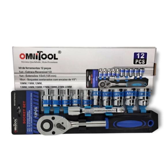 Jogo De Soquete Sextavado 12 Peças 10 a 22mm com Extensão 1/2 Catraca OMNITOOL KIT-12