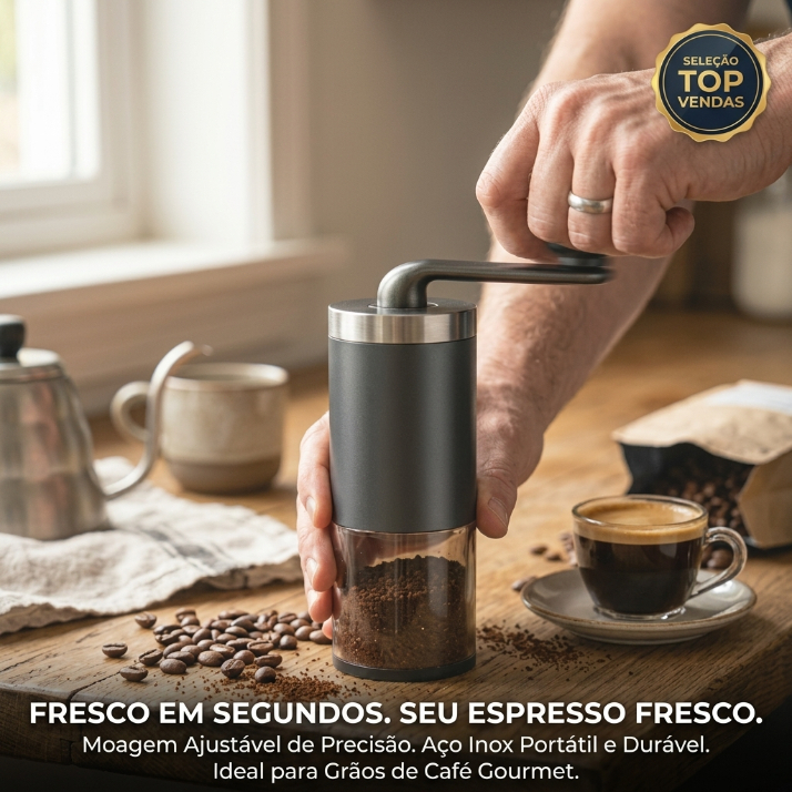 Moedor Manual de Café Portátil com Ajuste de Granulagem Fina a Grossa – Compacto e Prático
