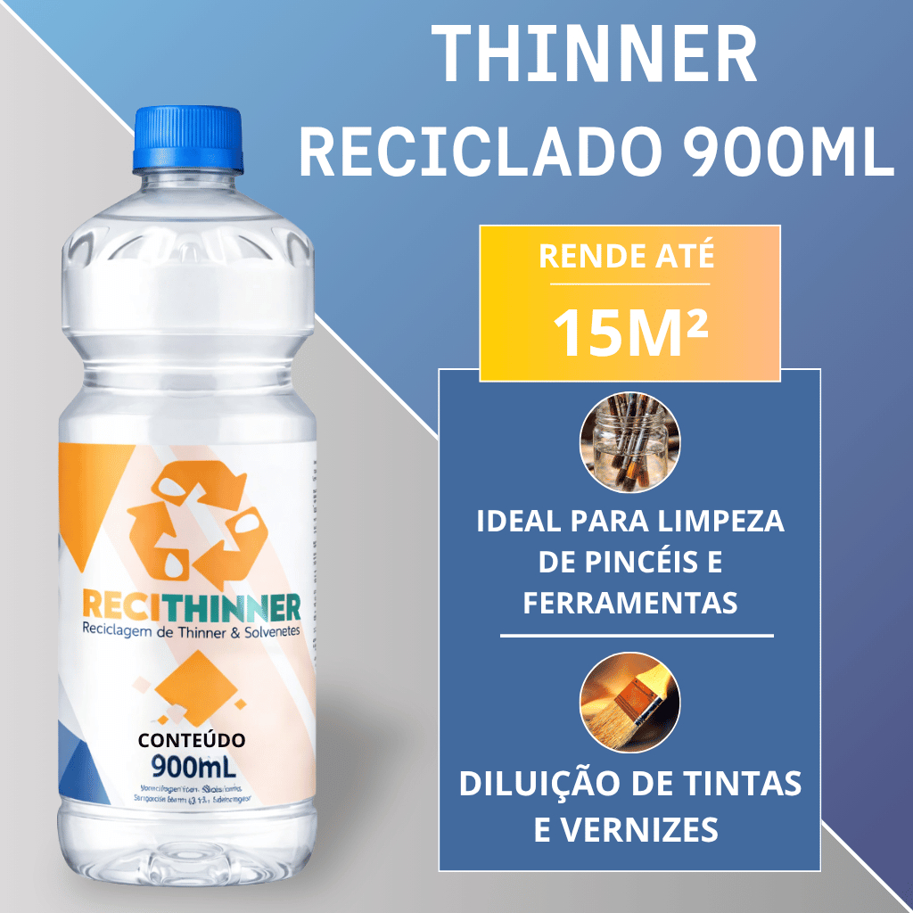 Thinner Reciclado 900ml para limpeza de peças metálicas e diluição de tintas para funilaria