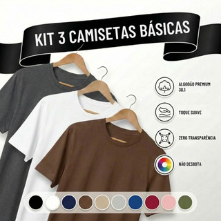 Kit 3 Camisetas Masculinas Algodão Premium Básicas Gola Redonda Manga Curta Cores Variadas Tribo