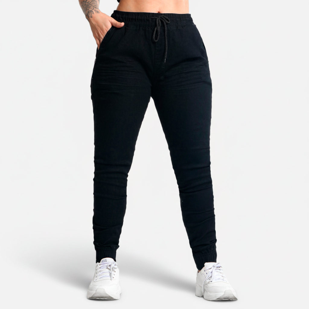 Calça Jogger Feminina Sarja Jeans Skinny Elástico Punho Premium