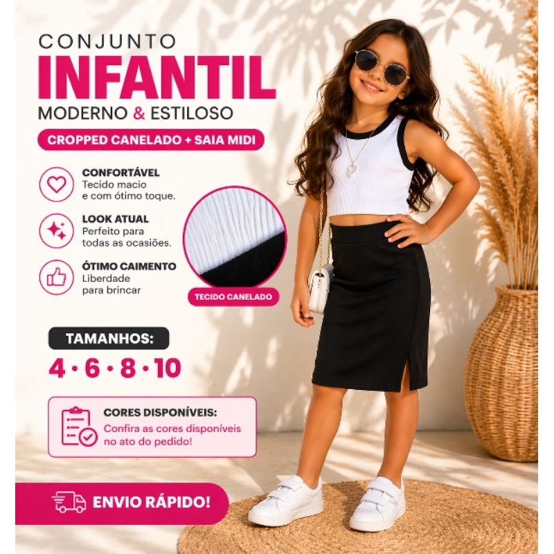 Conjunto Infantil Feminino Saia Midi + Cropped Canelado Menina Moda Infantil 4 ao 10 Promoção em Oferta na Shopee