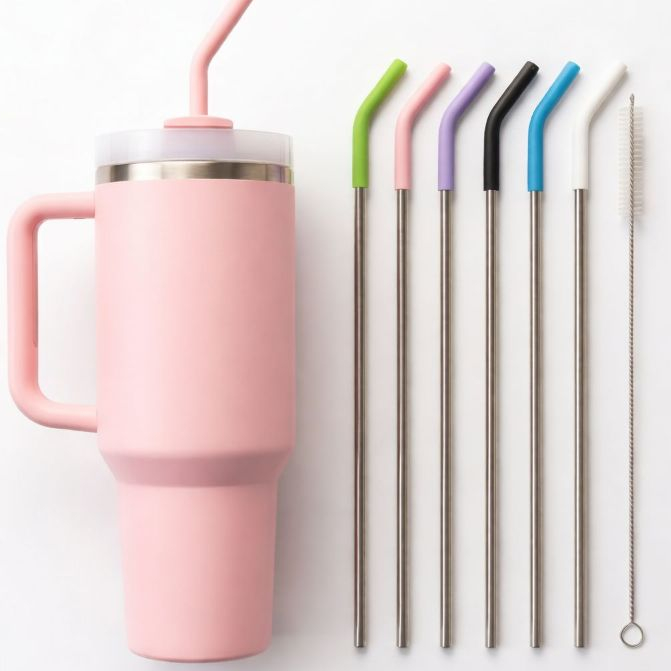 Kit Canudo de Aço Inoxidável 30cm com Ponta de Silicone e Escova de Limpeza - Ideal para Copo Térmico 1200ml 40oz