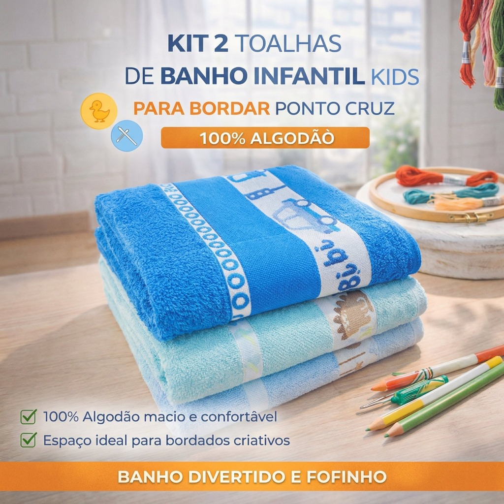 Kit 2 Toalha de Banho Infantil Kids Para Bordar Ponto Cruz 100% Algodão em Oferta na Shopee