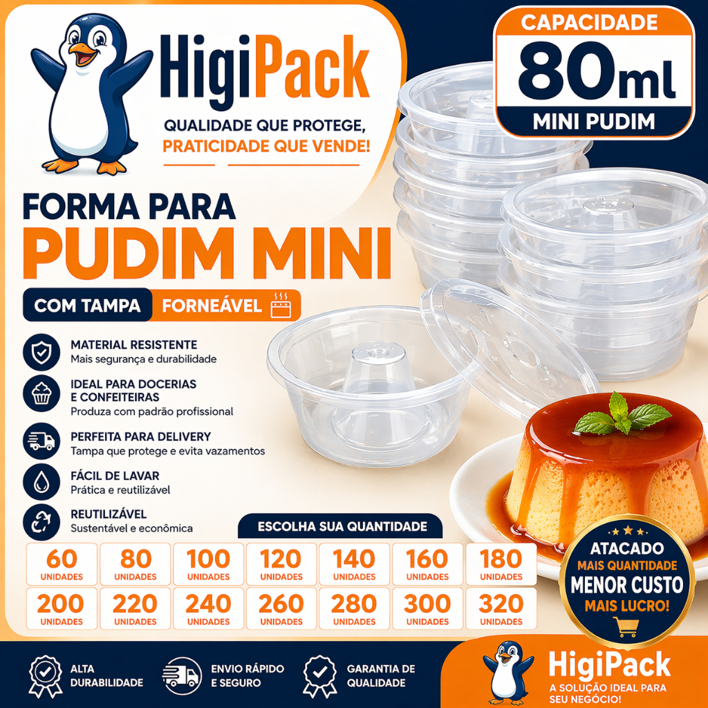 Forma para Pudim Mini 80ml com Tampa | 60 a 320 Unidades | Forma Individual para Pudim