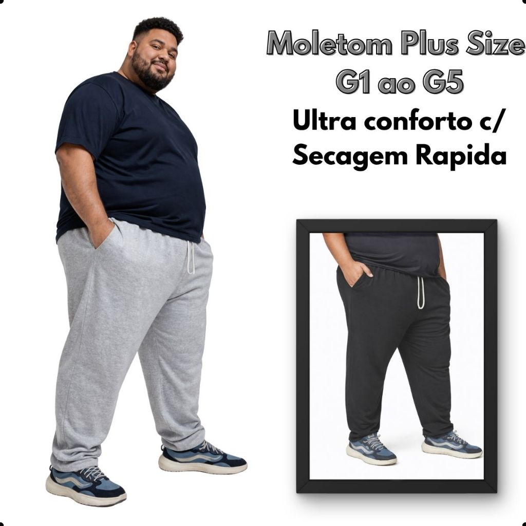 Calça Moletom Masculina Plus Size Cinza Reta Sem Punho Toque Aveludado Secagem Rápida GG ao G5