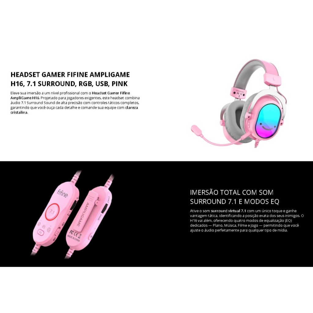 Headset Gamer Fifine AmpliGame H16, 7.1 Surround, RGB, USB, Pink · foto 2