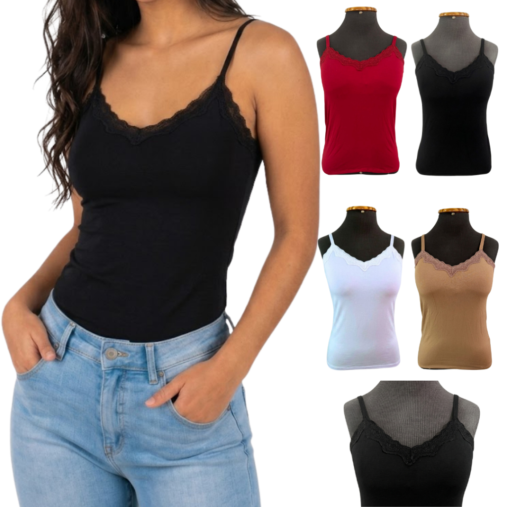 Blusa Regata Feminina Alcinha Tamanho Único Com Renda Decote V Básica Casual
