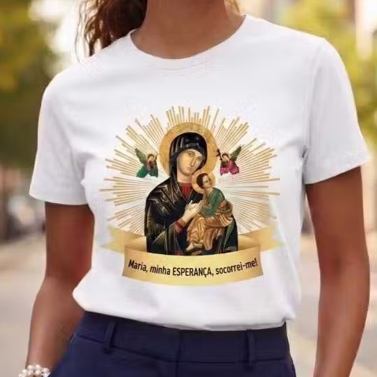 Camiseta Baby Look Feminina 100% Algodão Estampada Nossa Senhora do Perpétuo Socorro Católica