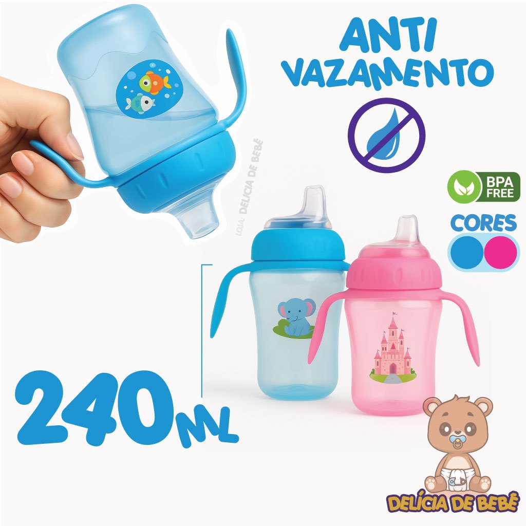 Copo Para Bebê - Anti-Vazamento - Bico Silicone Macio - Alça Removivel - 240 ml