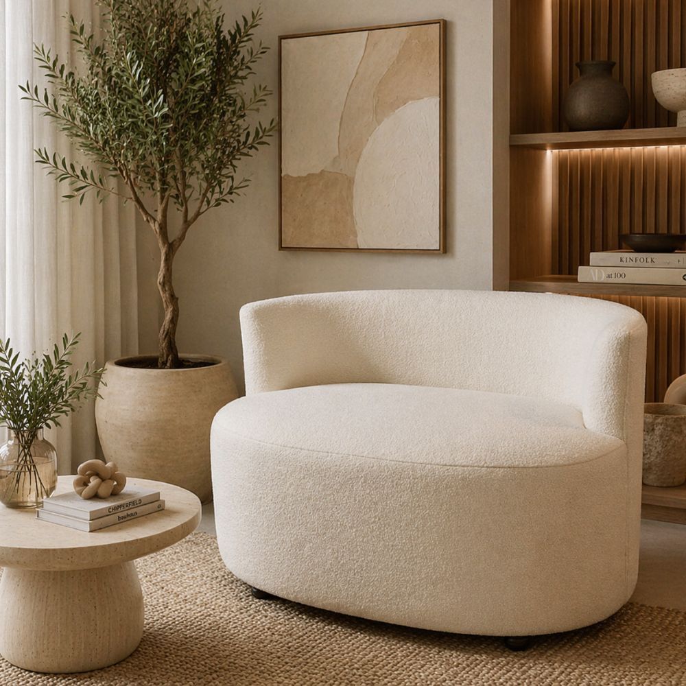 Sofá Poltrona Dami 1 Metro Compacto Design Moderno tecido boucle offwhite modelo slim