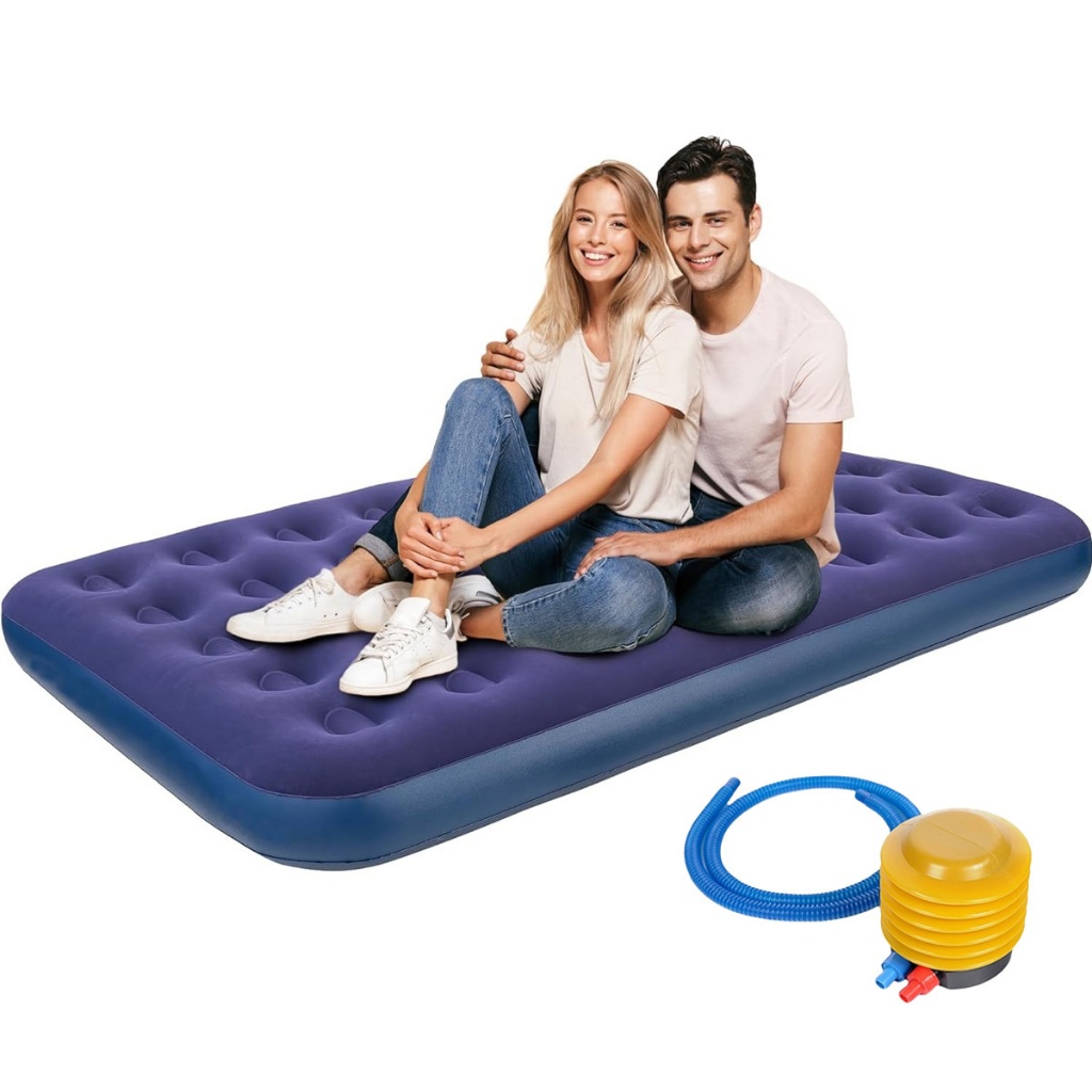 Colchão Inflável de Casal Suporta 300KG Resistente Aveludado Portátil Com Inflador de Ar Incluso Camping Praia Multiuso