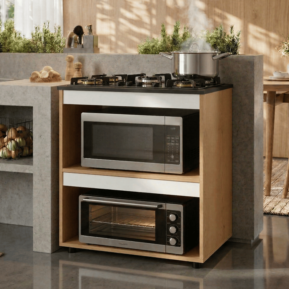 Balcão p/ Cooktop 4 ou 5 Bocas Amêndoa Branco Cozinha Moderna Armário 2 Nichos Organizador Blue Moby