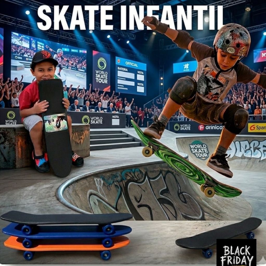 Skate Infantil Radical de Plástico Preto Para Pista, Rua, Campeonato Infantil