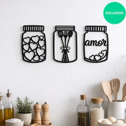 Kit 3 Quadros Cozinha Decorativo Coração Amor Potes em Mdf Decoração Parede