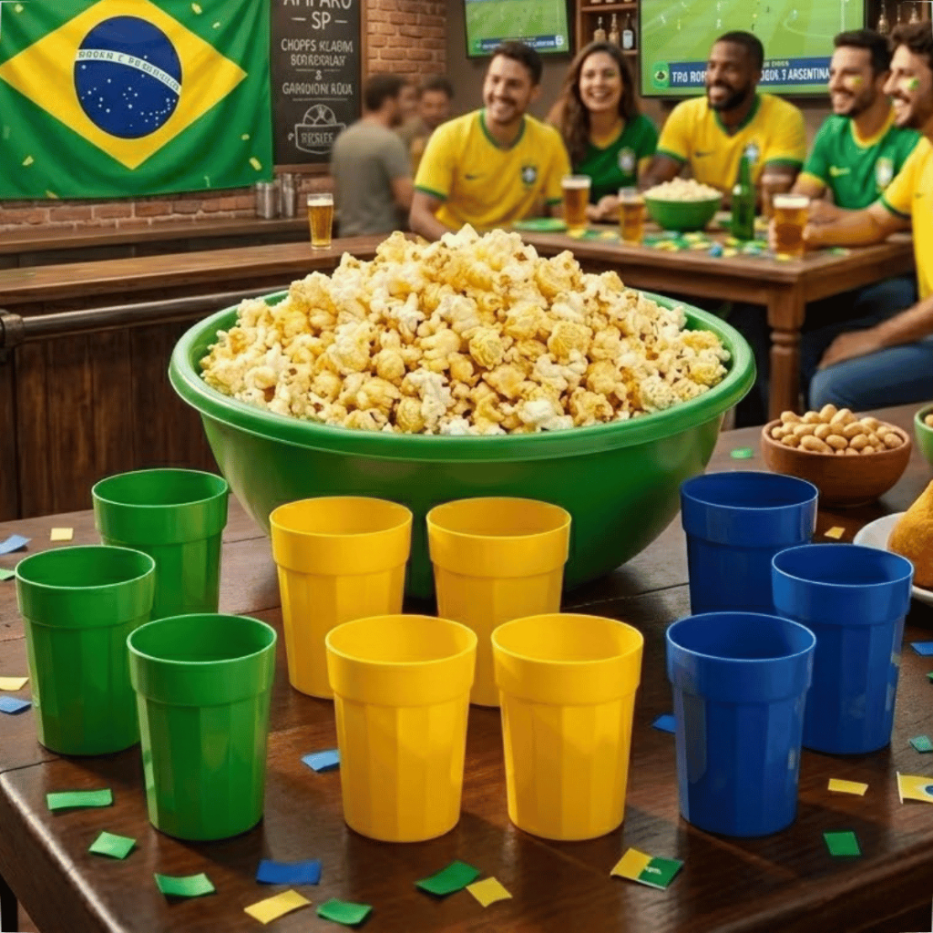 Kit Torcedor Balde De Pipoca + 10 Copos 350ML Plástico Reutilizavel Seleção Brasileira Copa do Mundo