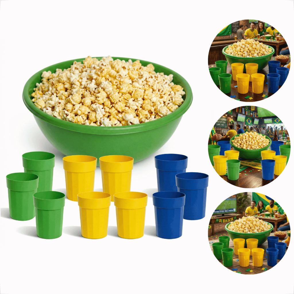 Kit 10 Copos 350ml + Bacia Grande 4.6L Pipoca Festa Copa do Mundo Seleção Brasileira Reutilizável