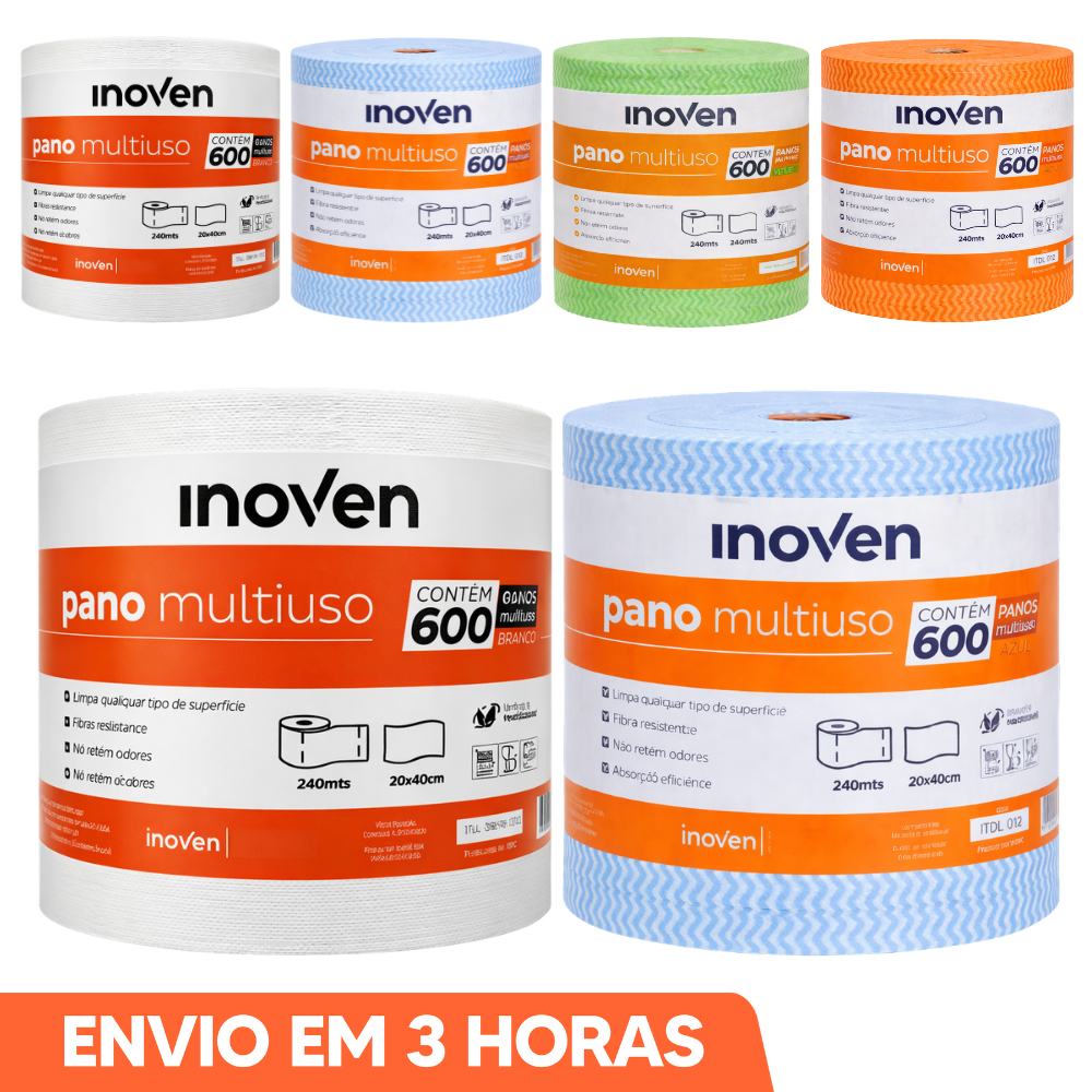 Kit Até 3 Rolos 20cm x 240m Pano Multiuso Perfex Limpeza Azul Branco Laranja e Verde 1800 Panos Marca Inoven