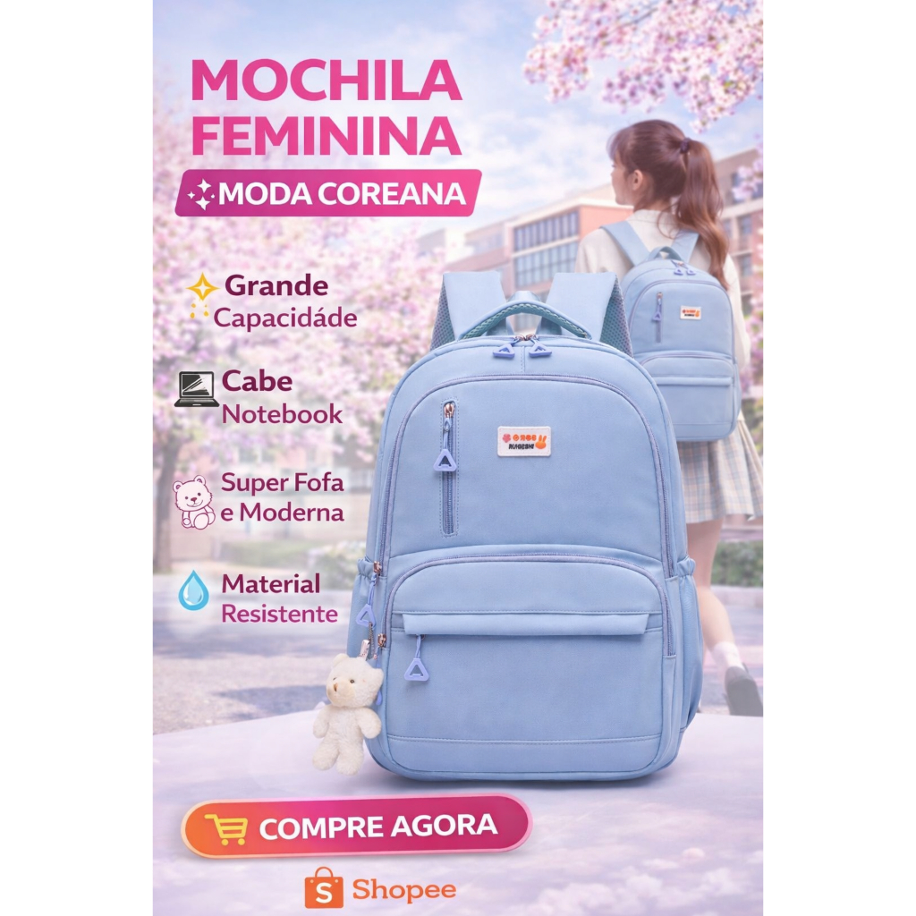 Mochila Media Impermeável Escolar Para Notebook Feminina De Grande Capacidade Estilo Coreano
