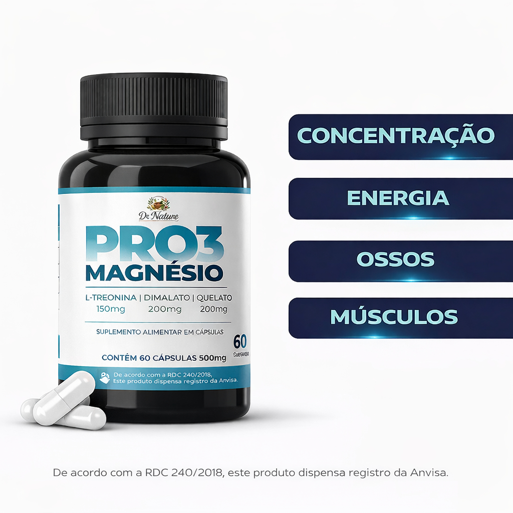Pro3 Magnésio - 60 caps - Quelato Dimalato L-Treonato | Muscular Concentração. Envio Rápido