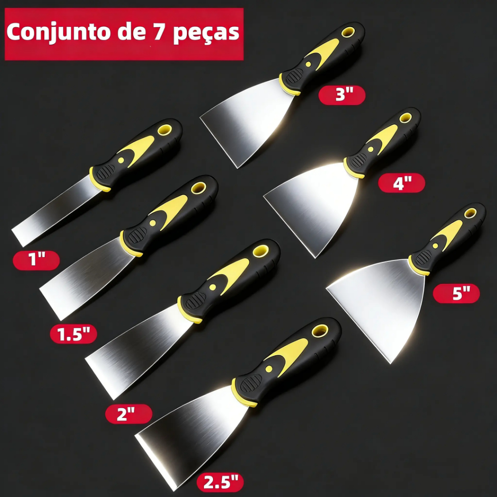 Kit 7 Espátulas de Aço Inox Profissional Cabo Emborrachado 1"–5"  Para Massa Corrida Drywall E Pintura