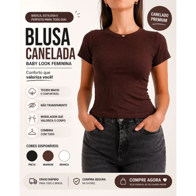 Blusa Canelada Feminina Manga Curta Gola Redonda Baby look  Slim Fit Algodão Premium Casual Blusinha Atemporal