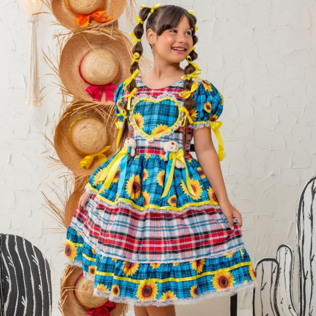 Vestido Festa Junina Luxo  Xodó - Xadrez Azul Turquesa com Ursinhos