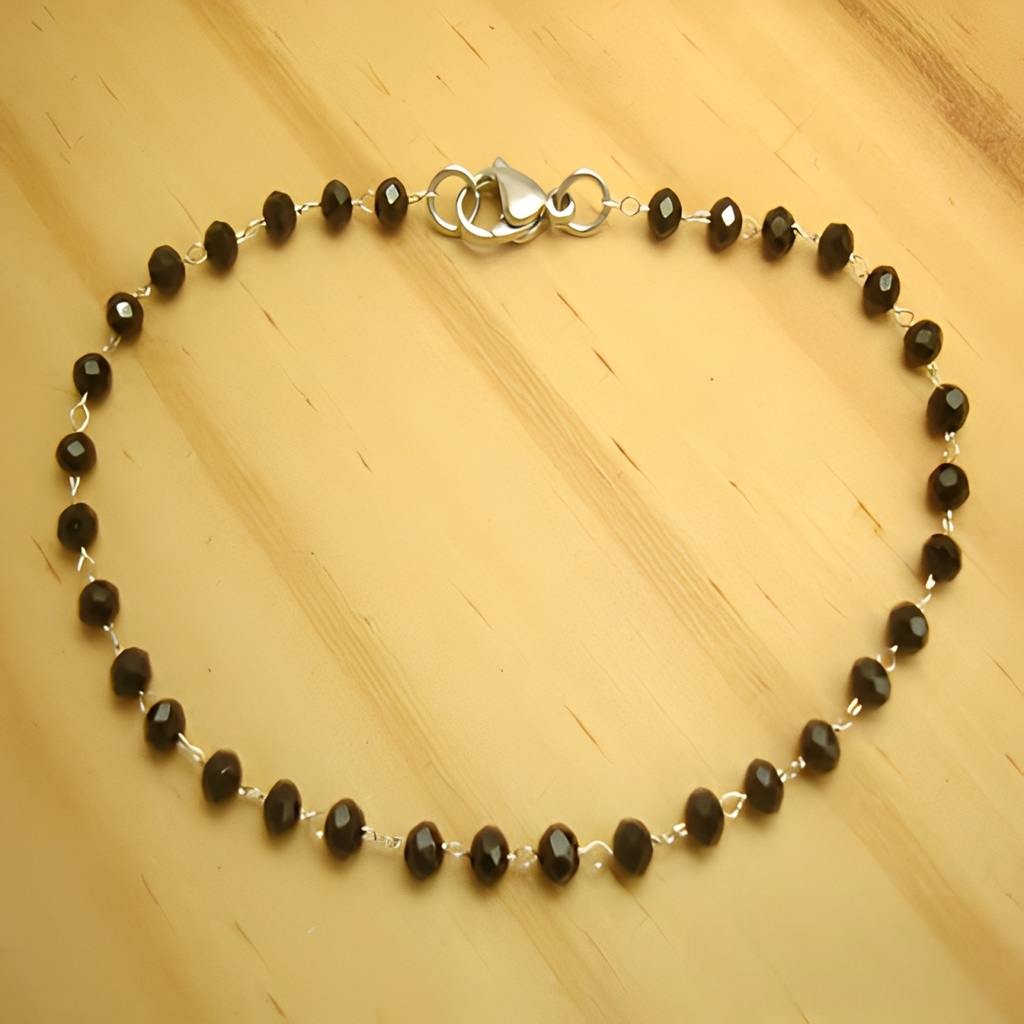 INOX - Pulseira em Aço Inox na Cor Prata - Cristais Facetados Cor Preto - Diversos Tamanhos