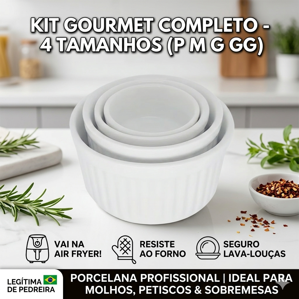 Kit Ramequim Porcelana P M G GG - Vai ao Forno e Air Fryer Jogo Molhos Petiscos Buffet Profissional