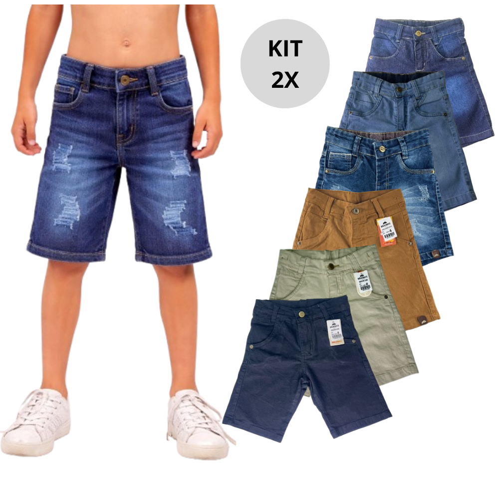 Kit 2 Bermudas Sarja Brim e Jeans Infantil e Juvenil Menino , Conforto, estilo e Alta Durabilidade
