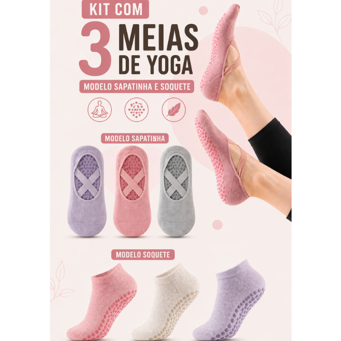 Imagem KIT 3 MEIAS YOGA PILATES ANTIDERRAPANTE SAPATILHA FEMININA ACADEMIA HIDROGINÁSTICA 35 AO 40 ALGODÃO ELASTANO