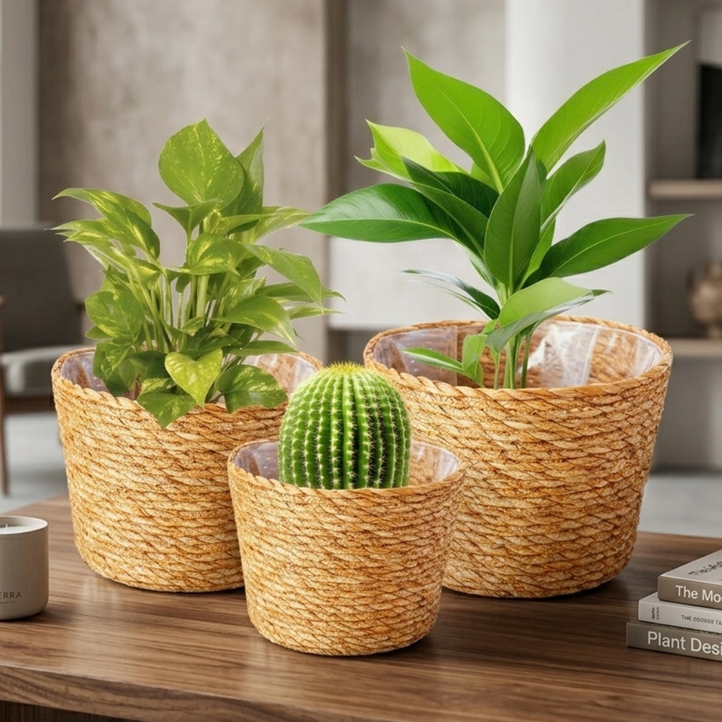 Kit Com 3 Vasos Algodão Natural Trio Cachepot Fibra Natural Estilo Vime Decorativo Flores Plantas