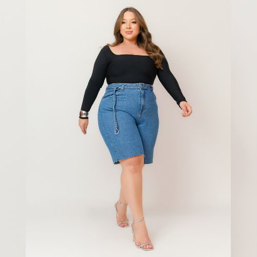 Bermuda Jeans 100% Algodão Feminina com Cinto Jeans Plus