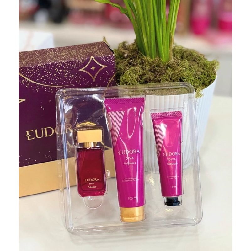 Kit Presente Diva Fabulosa Colônia 30ml + Hidratante Corporal 100ml + Creme de Maos 50g + Caixa Eudora (3 itens)