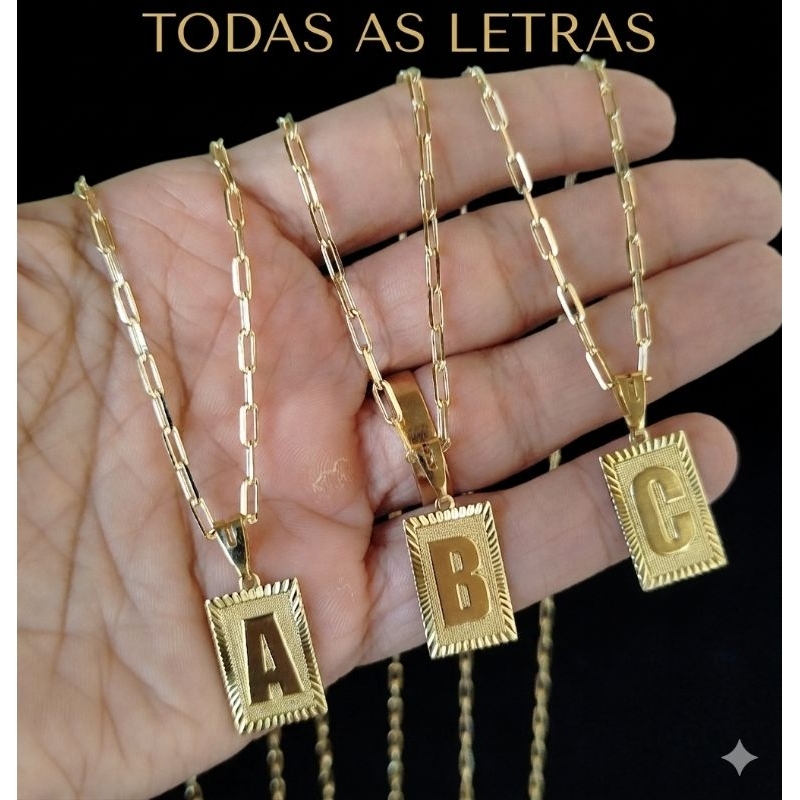 Corrente Cordão Moeda Antiga 100% Cadeado Alongado 3mm com Pingente de Letra