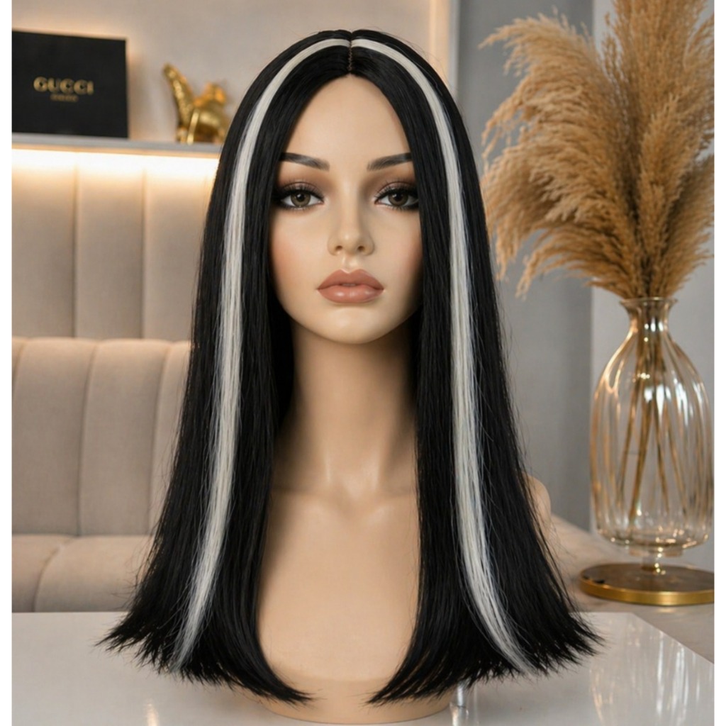 Peruca Mortícia Preta Longa Mecha Branca Acessório Fantasia Cosplay Família Addams