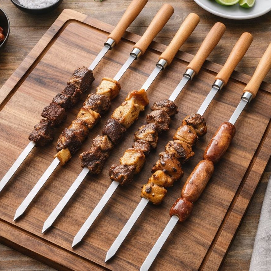 Imagem Kit 6 Espetos Para Churrasco Inox  Cabo De Madeira Revestido Profissional 40cm - Resistente