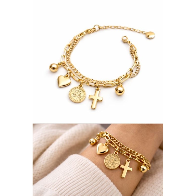 Pulseira Feminina São Bento coração proteção banhado a ouro 18k semijoia