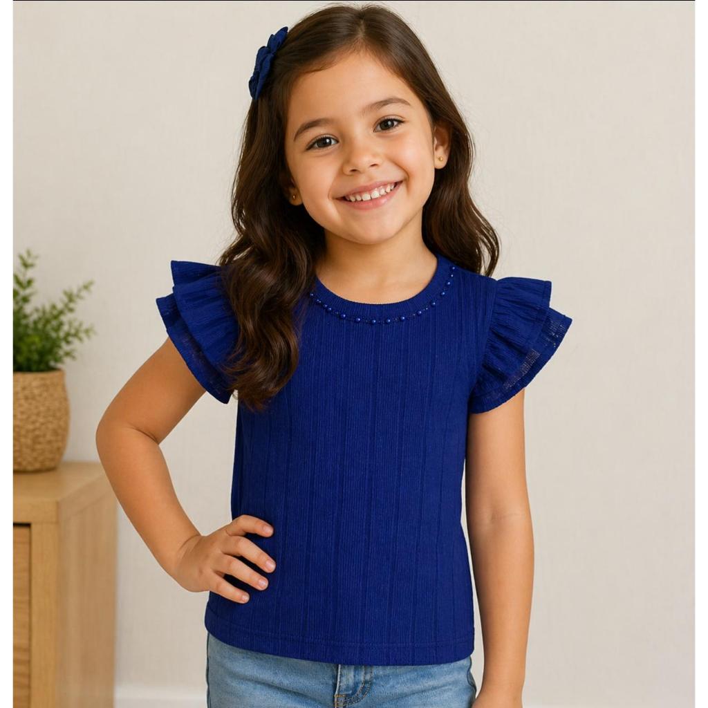 Blusa Feminina, Infantil, Manga Babado, Pérolas em Tecido Malha Ana Ruga Disponível em Várias Cores