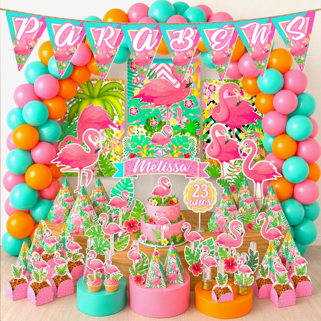 Kit Festa Aniversário Personalizado Flamingo Tropical Rosa 78 itens - Decoração Piscina Lembrancinha