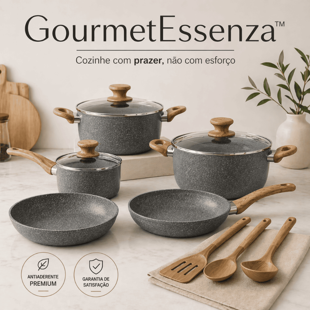 Kit Panelas Antiaderente Premium 7 Peças GourmetEssenza Panela Marmorizada Não Gruda Fácil Limpeza
