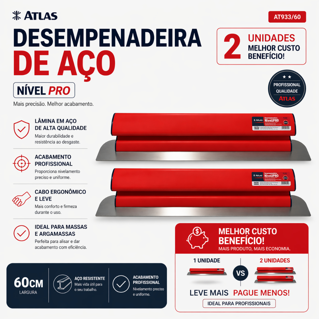 Desempenadeira Berox 60cm Aço com Corpo Plástico para Reboco e Drywall Acabamento Profissional