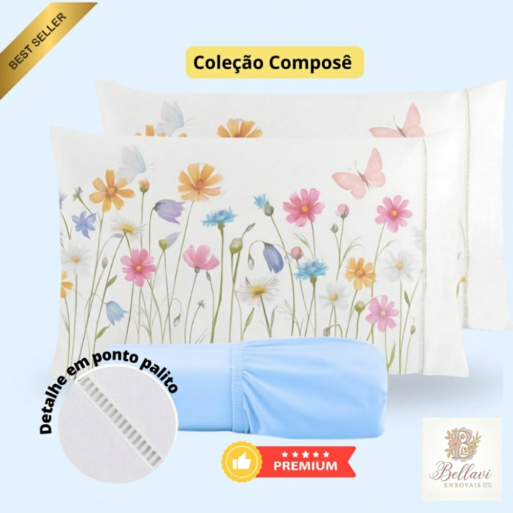 Kit Jogo de Cama Lençol Liso Fronha Estampada Micropercal 400 Fios Ponto Palito