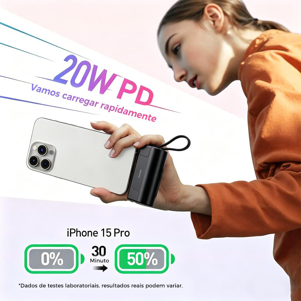 Carregador Mini Power Bank Bateria Auxiliar Sem Fio 2em1 Carregador Portátil para iPhone e Tipo-C