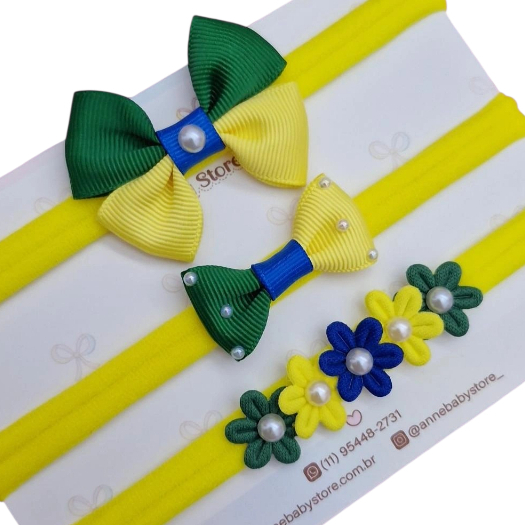 Kit lacinhos para bebe rn copa do mundo, faixa de cabelo bebê menina copa do Brasil, minha primeira copa.