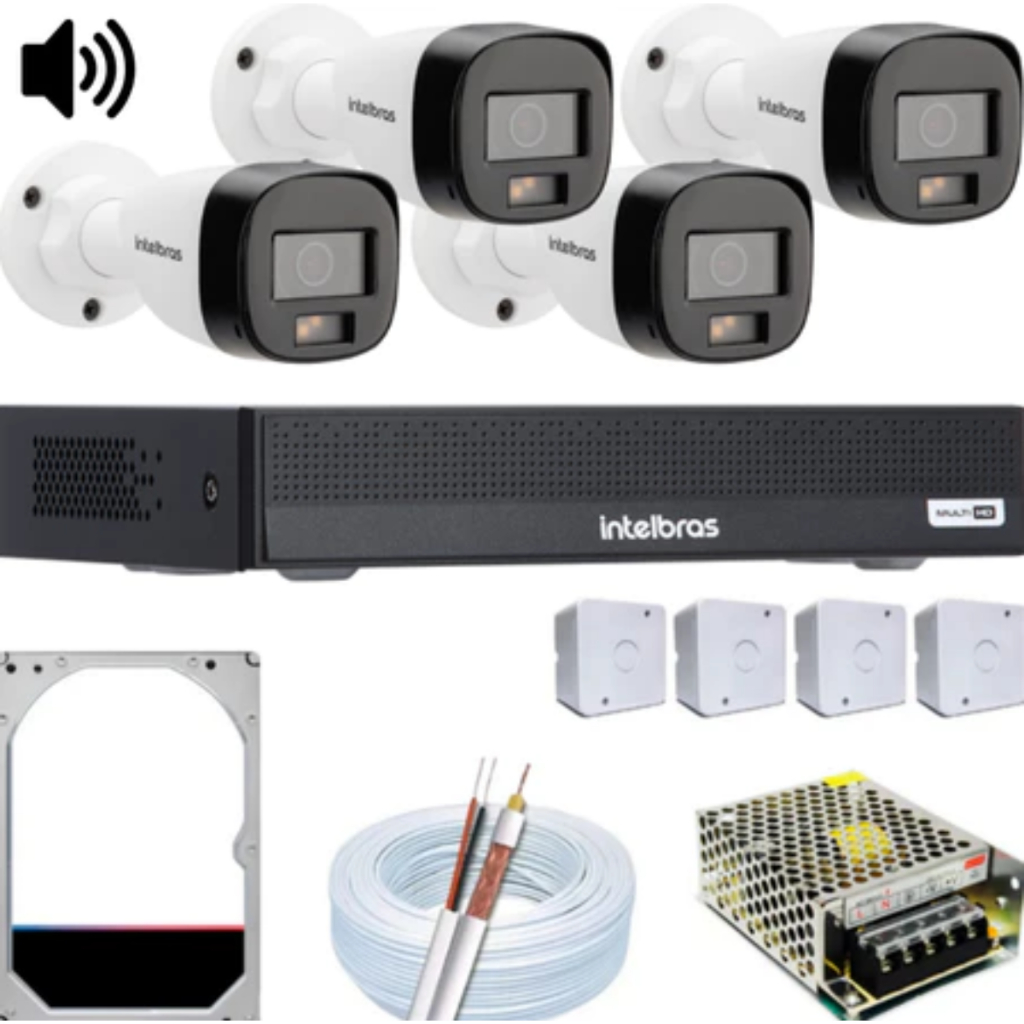 Kit 4 câmeras com audio intelbras hd 1tb dvr 4 canais 1204-c
