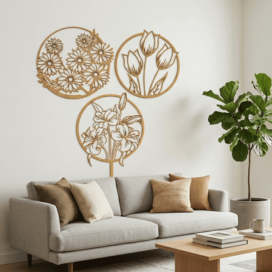 Kit 3 Quadros Mandala MDF 3mm Vazado Flores Decorativas Parede Sala Quarto Decoração