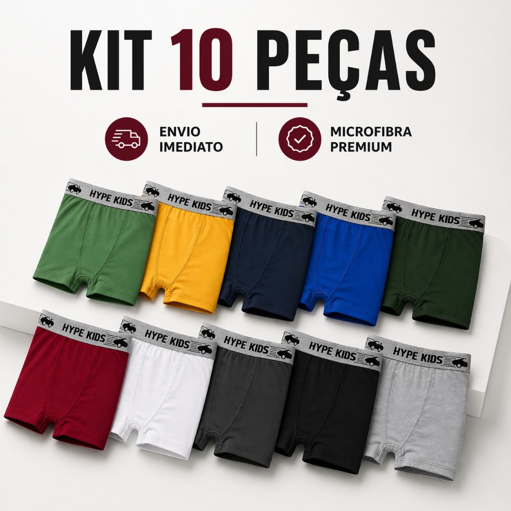 Kit 10 e 5 Cueca Boxer Infantil Lisa em Microfibra – Confortável, Respirável e Durável