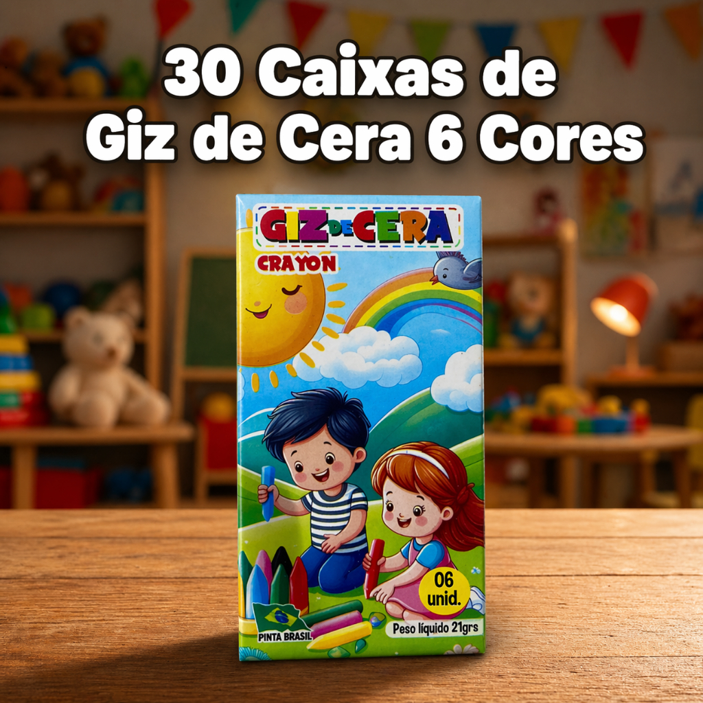 30 Cx Giz de Cera 6 cores P/ Kit Festa Infantil Lembrancinha Surpresa